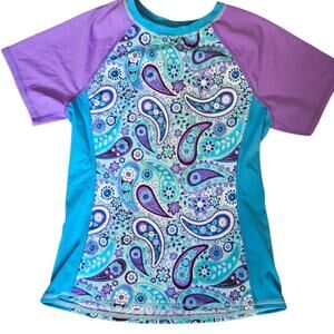 Lands End Kids Girls Rash Guard Size 14 Purple Teal Paisley Floral UPF Sun Shirt